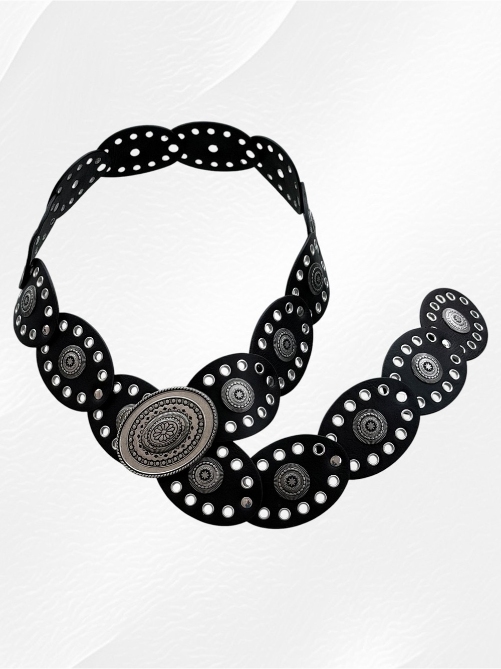 Black Faux Leather Silver-Tone Concho Medallion & Grommet Western Belt